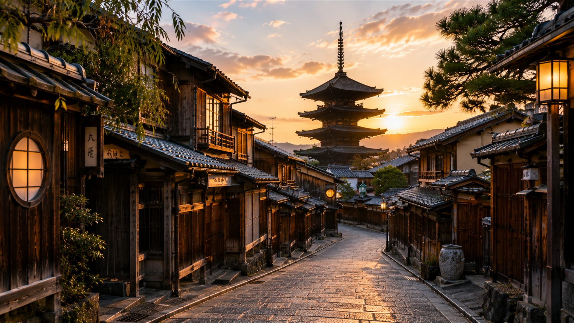 A traditional Kyoto street and pagoda at sunset