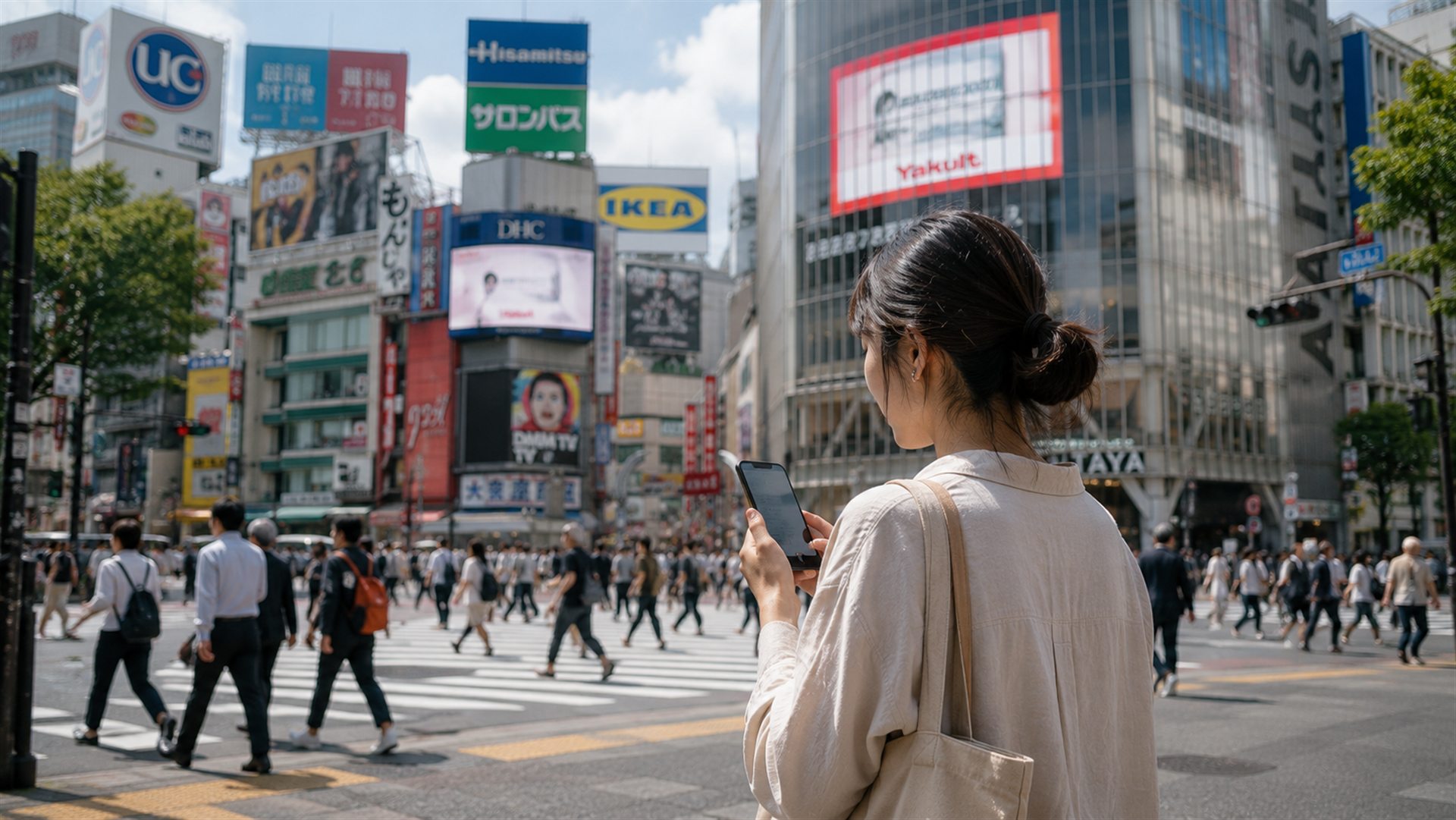 A traveler checking a smartphone at a busy Tokyo crossing
