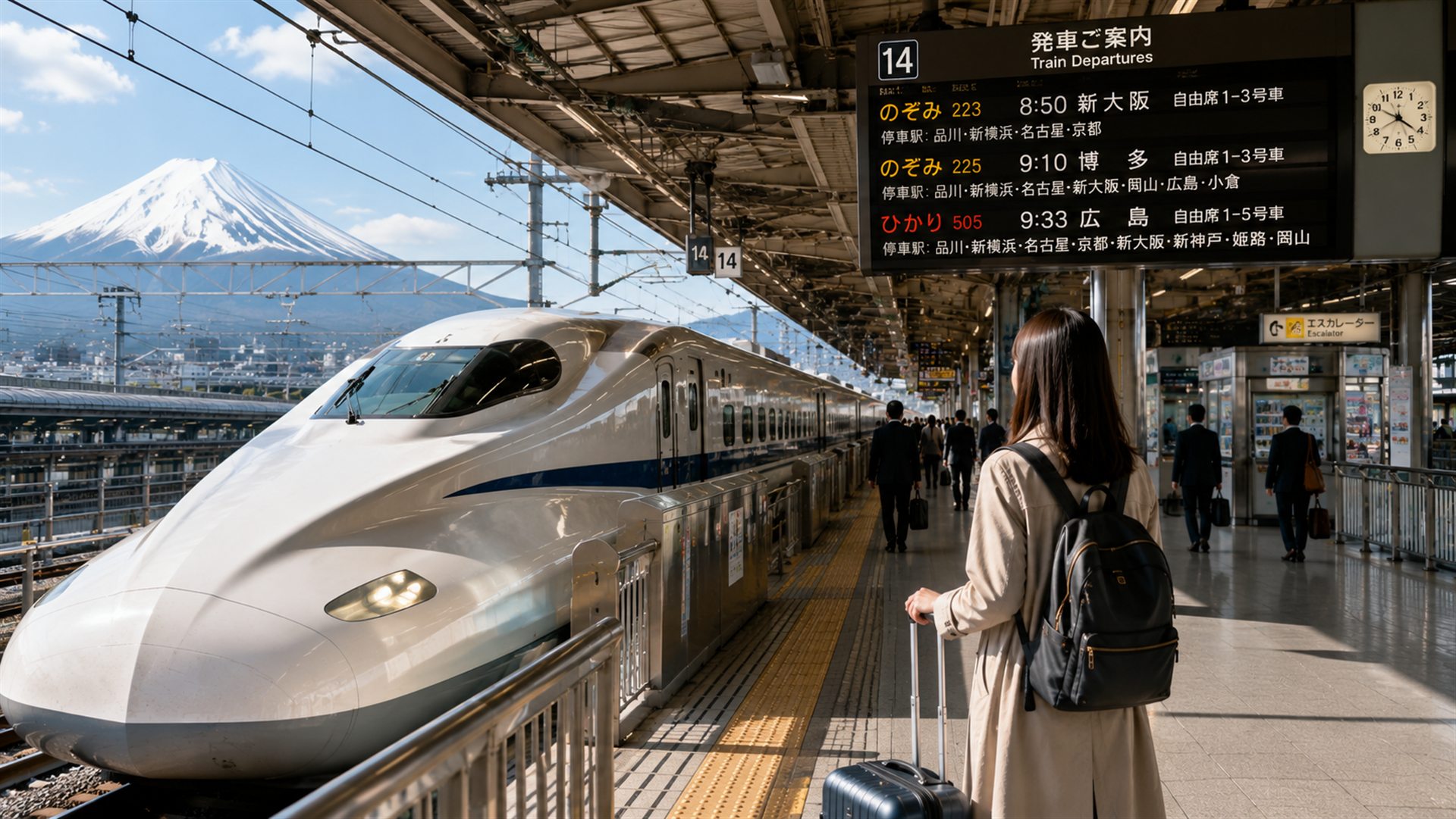 A traveler standing beside a Shinkansen at a station