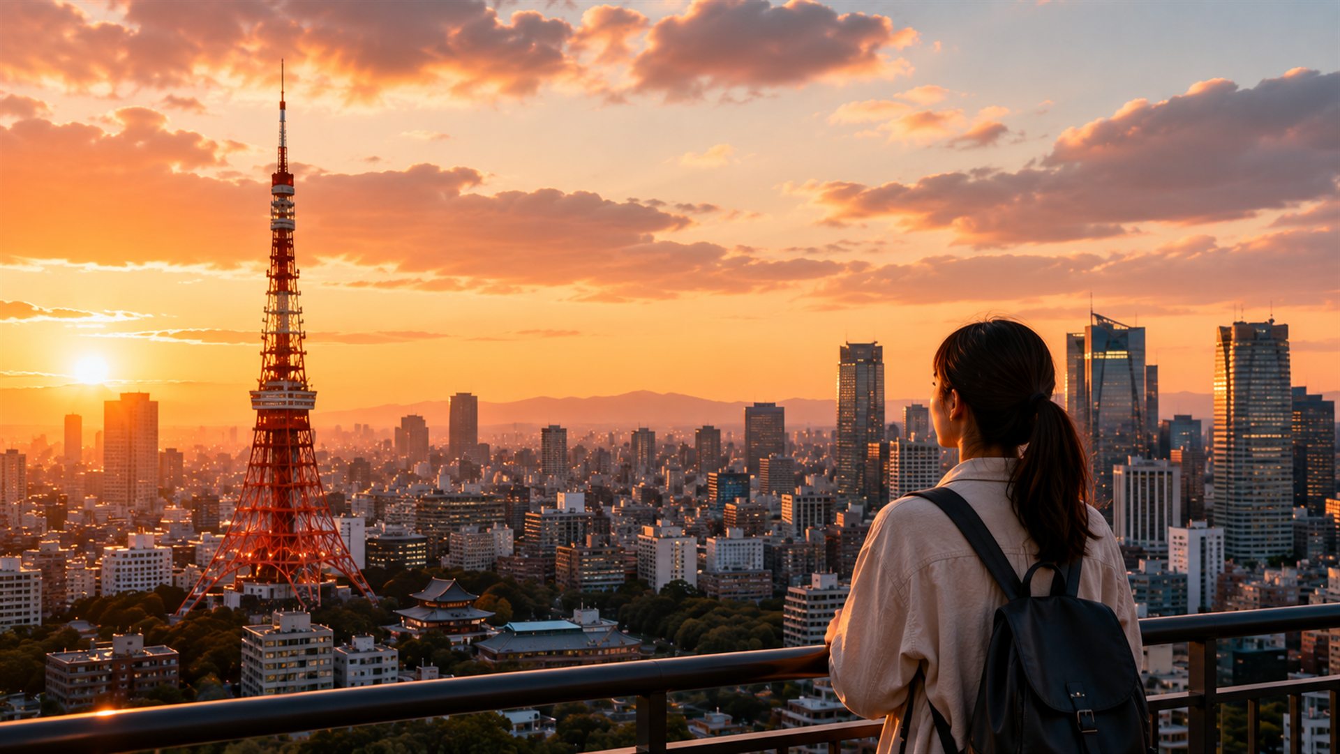 A traveler overlooking Tokyo Tower and the city at sunset